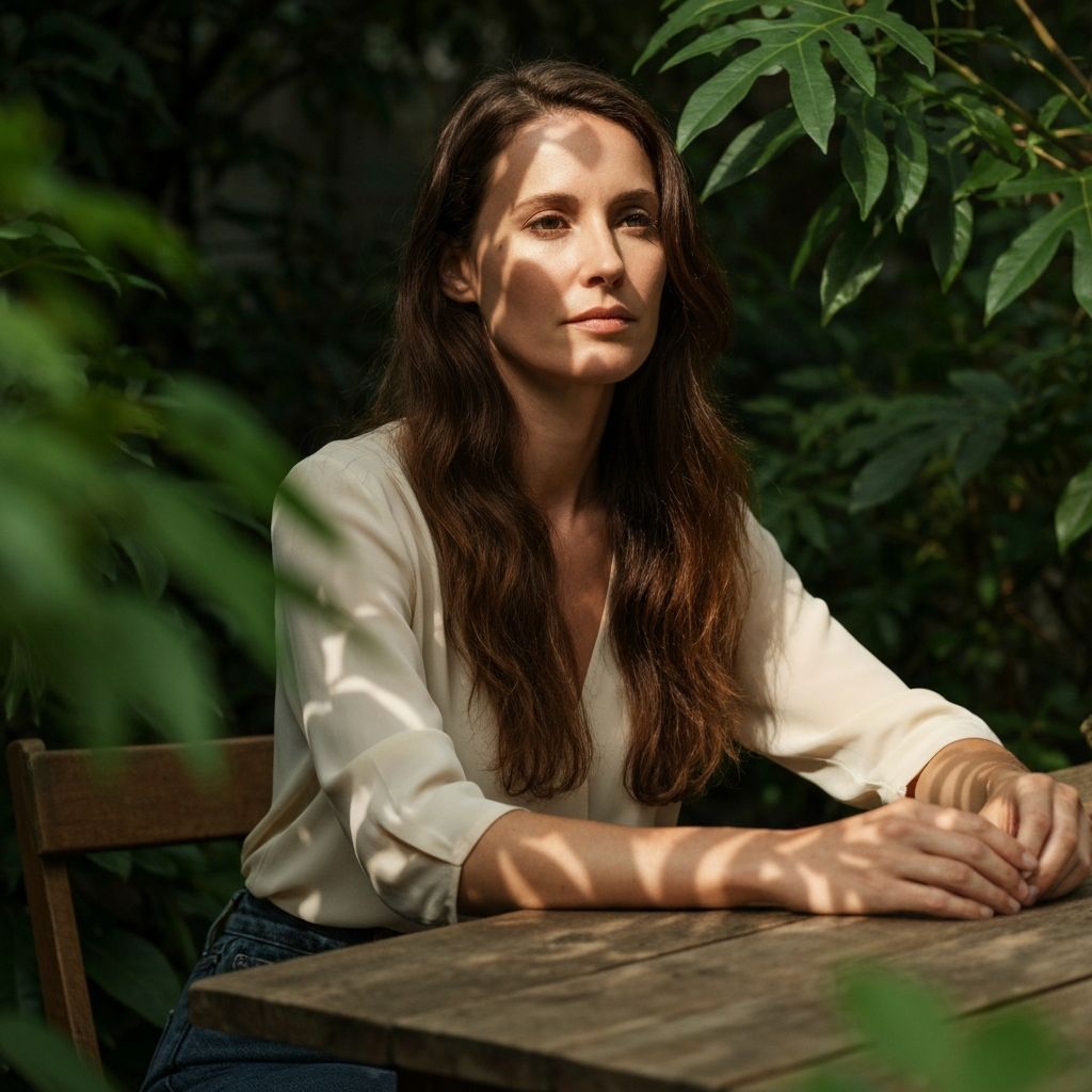 Жена, четяща информация на таблет в естествена среда с растителни елементи наоколо, изучаване на здравни теми